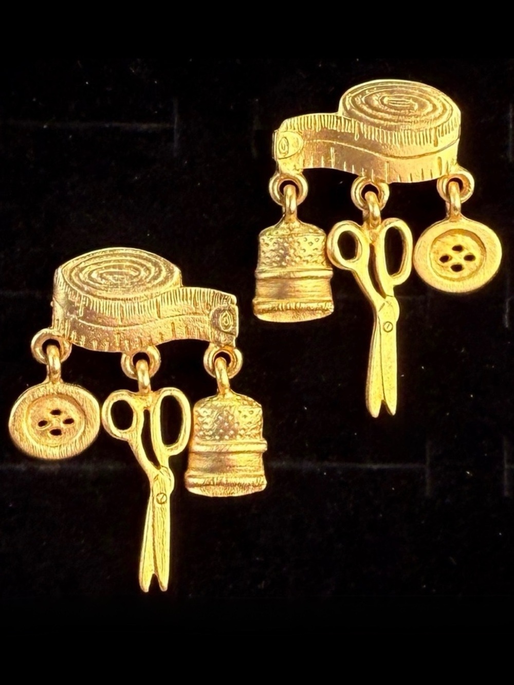 Vintage JJ Jonette Sewing Theme Gold Tone Dangle Earrings